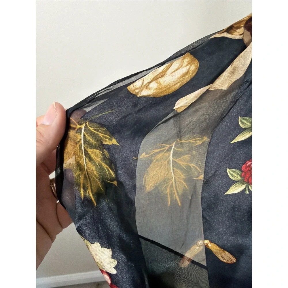 Echo Silk Botanical Scarf With Nuts, Seeds, Berries On Black Signed 58